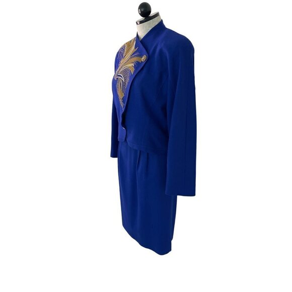 Cache Vintage Womens Skirt Suit Blue Size 4 By Joseph Ho Applique Pure Wool - Picture 2 of 10